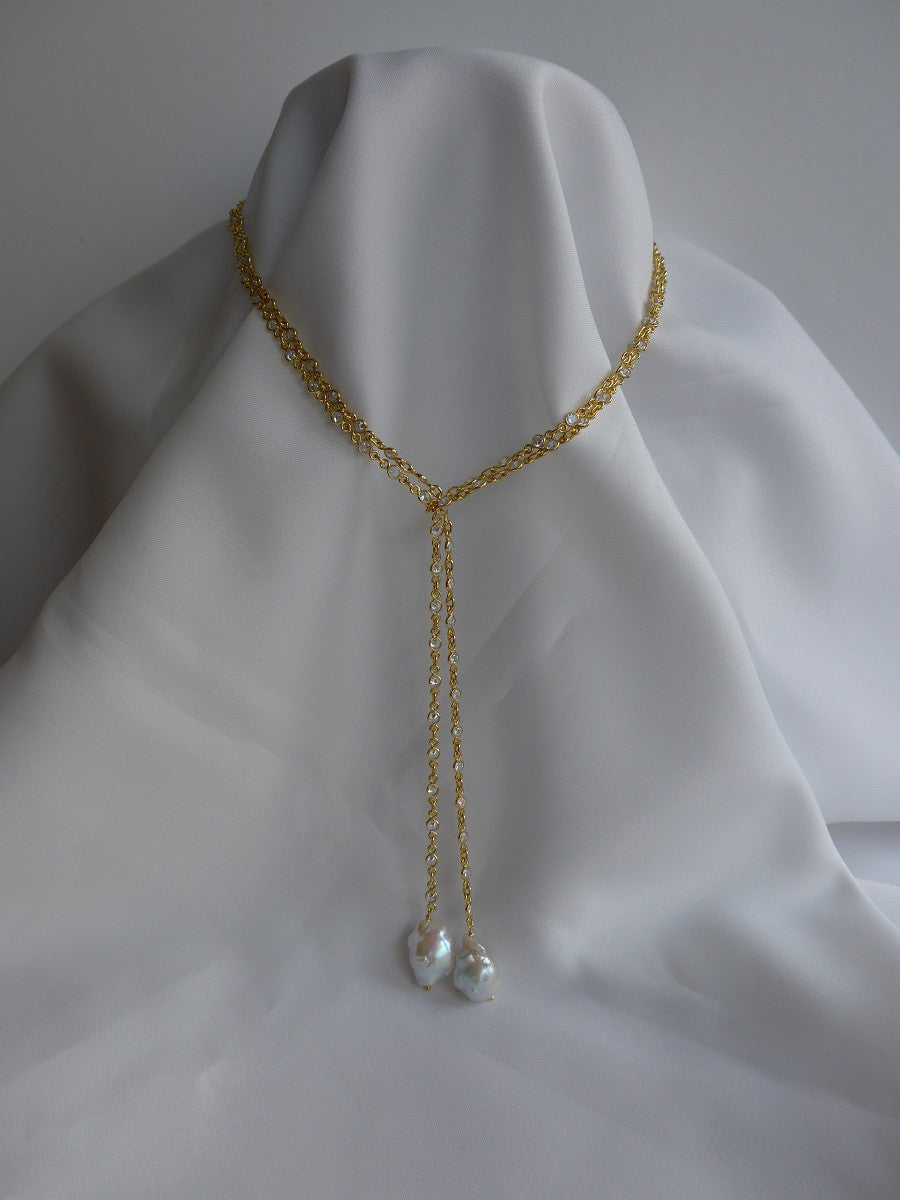 One Strand Vermeil Sterling Silver with Baroque Pearls Lariat Necklace