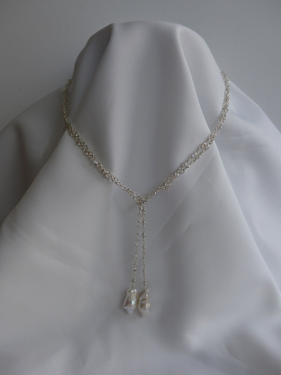One Strand Sterling Silver Chain Cubic Zirconia & Baroque Pearl Lariat Necklace