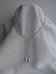 One Strand Sterling Silver Chain Cubic Zirconia & Baroque Pearl Lariat Necklace