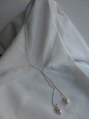 One Strand Sterling Silver Chain Cubic Zirconia & Baroque Pearl Lariat Necklace