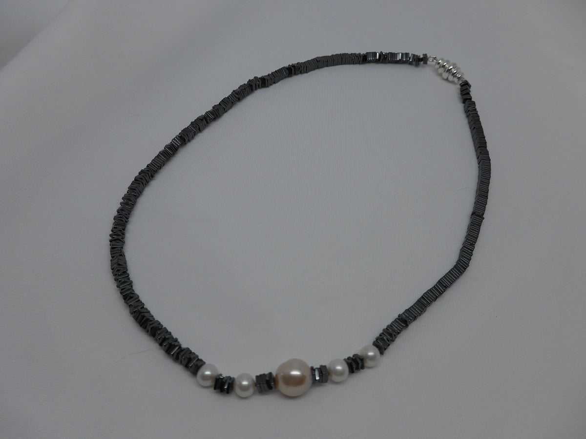 One Strand Hematite and White Cultured Pearl Necklace