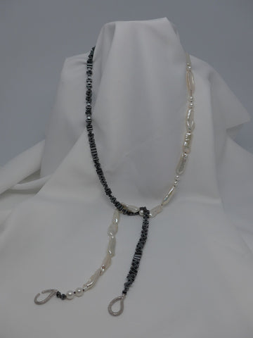 One Strand Long White Cultured Pearl and Hematite Necklace