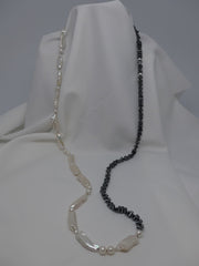 One Strand Long White Cultured Pearl and Hematite Necklace