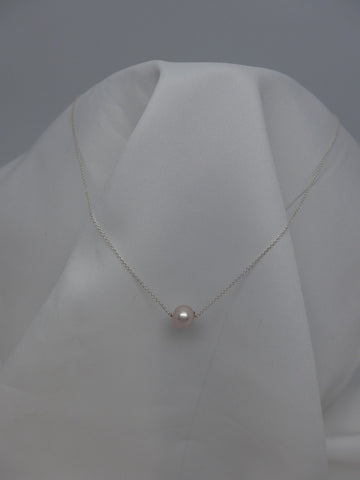 One Strand Sterling Silver Chain with Almost Round Pale Pink Cultured Pearl Necklace