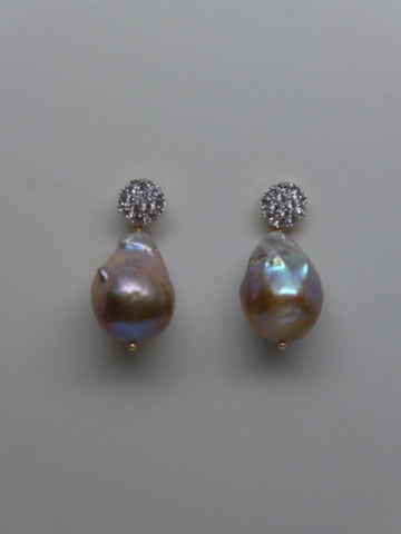 Vermeil Sterling Silver Cubic Zirconia Post Natural Baroque Pearl Earrings