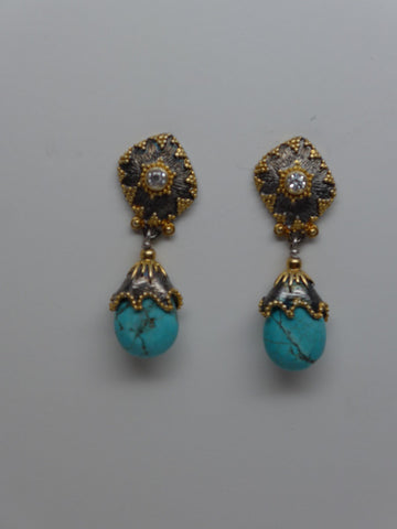 Vermeil & Oxidized Sterling Silver Cubic Zirconia Post Turquoise Earrings