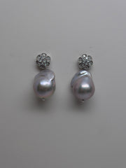 Sterling Silver Cubic Zirconia Post Platinum Grey Baroque Cultured Pearl Earring