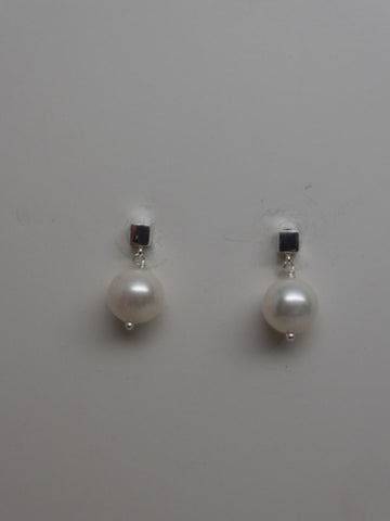 Sterling Silver Square Post White Cultured Pearl Earrings