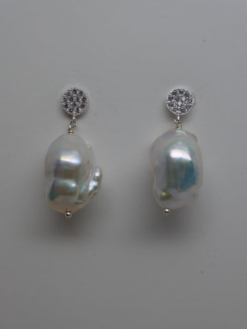 Sterling Silver Cubic Zirconia Post White Baroque Cultured Pearl Earrings