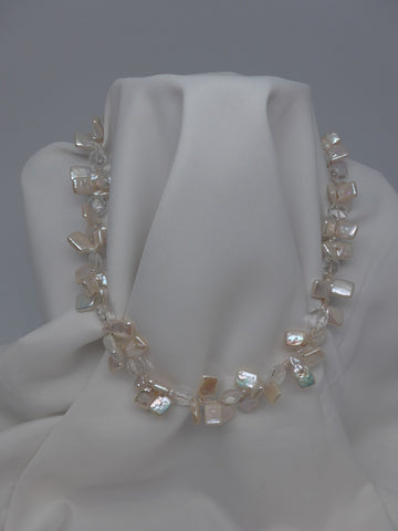 White Cultured Chiclet Pearls Faceted Rock Crystal with a Sterling Silver Marcasite Clasp Necklace