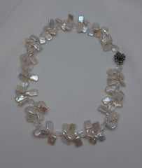 White Cultured Chiclet Pearls Faceted Rock Crystal with a Sterling Silver Marcasite Clasp Necklace