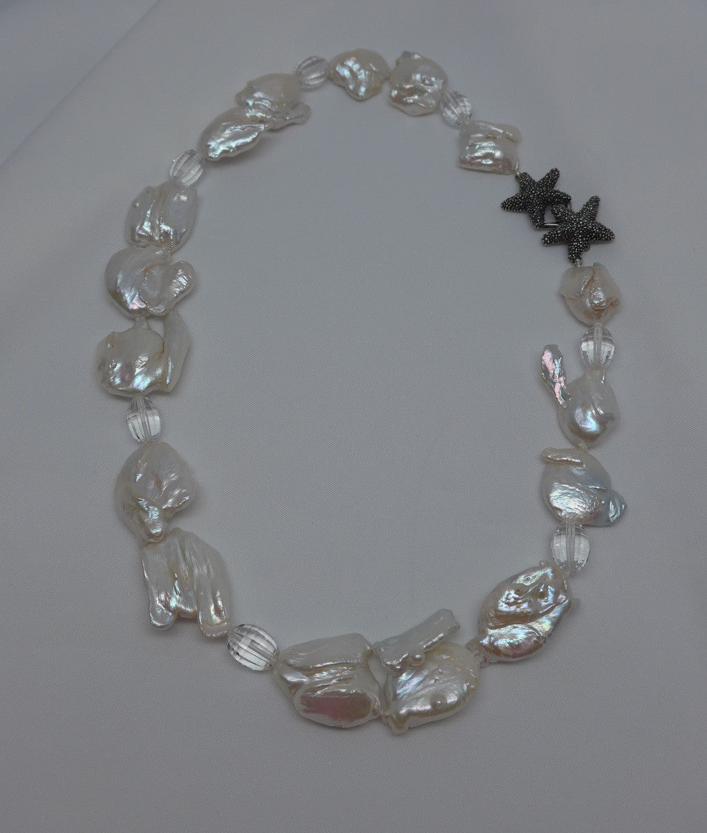 White Keshi Cultured Pearls, Rock Crystal Oxidized Sterling Silver Starfish Clasp Necklace