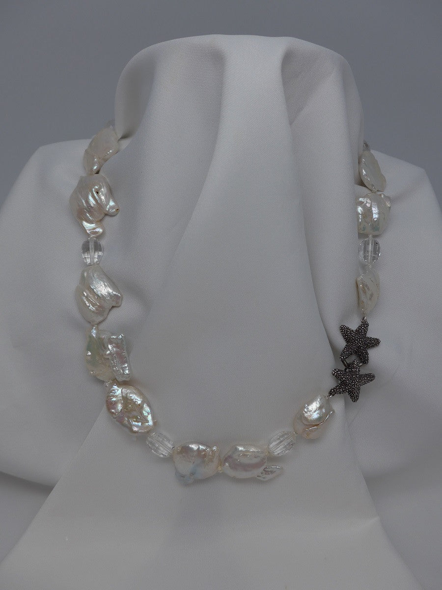 White Keshi Cultured Pearls, Rock Crystal Oxidized Sterling Silver Starfish Clasp Necklace