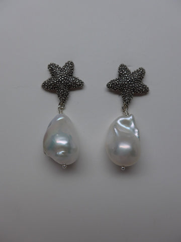 Oxidized Silver Starfish Post White Baroque Cultured Pearl Earrings