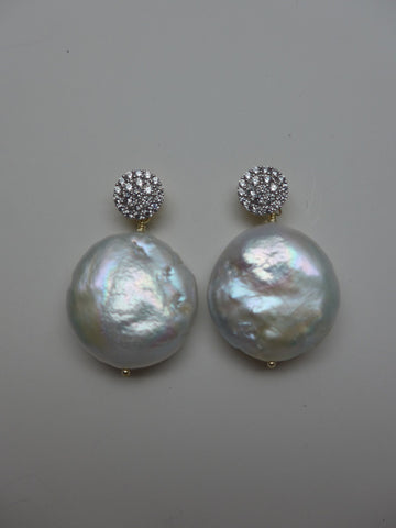 Vermeil Sterling Silver Cubic Zirconia Post White Coin Cultured Pearl Earrings