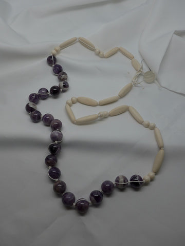 One Strand Light Wood and Amethyst Long Necklace