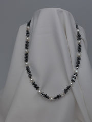 One Strand Hematite and White Cultured Pearl Necklace