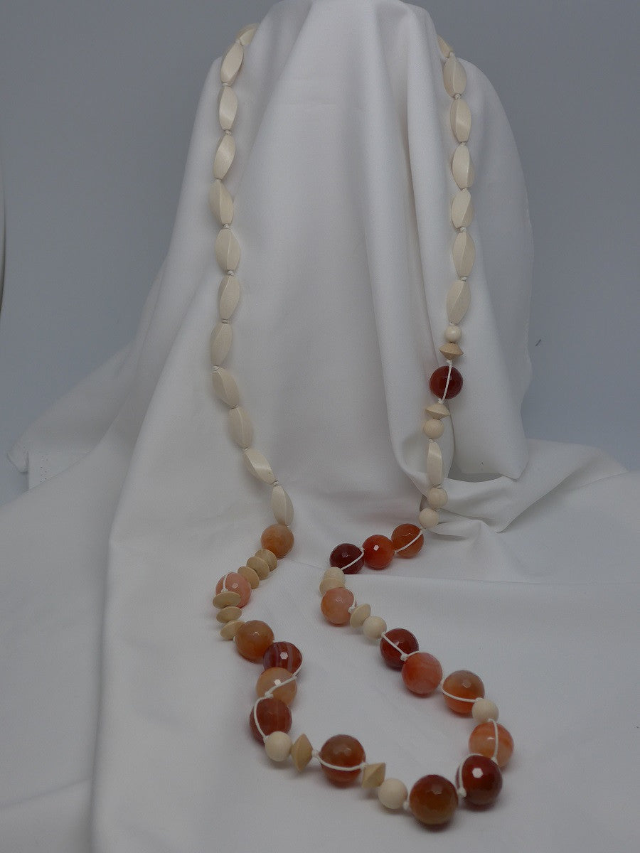 One Strand Light Wood and Faceted Carnelian Long Necklace