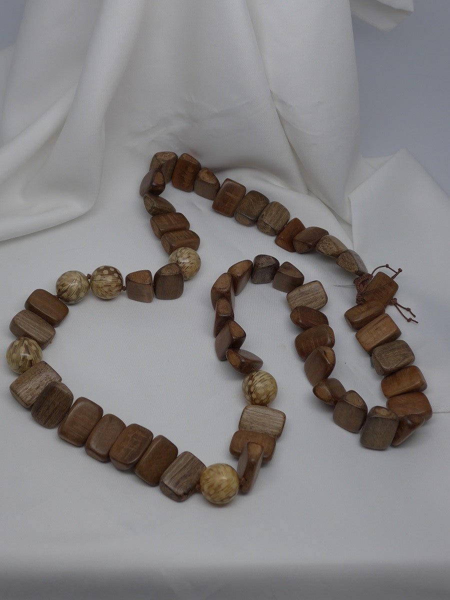 One Strand Driftwood Featherwood Beads Long Necklace