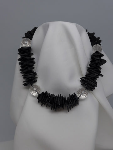One Strand Black Wood Chips Faceted Rock Crystal Necklace