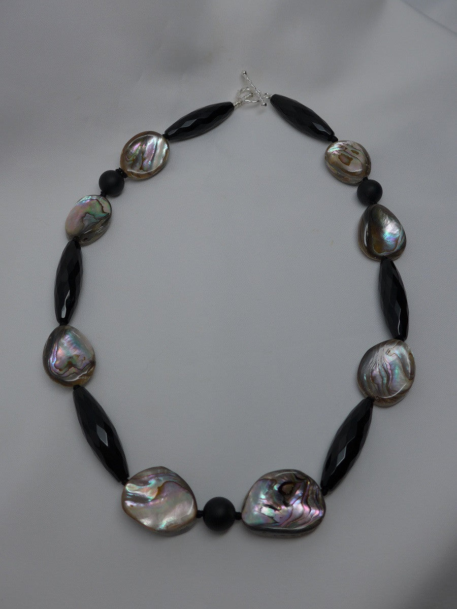 One Strand Faceted Onyx Taupe Tone Mother of Pearl Gemstone Necklace