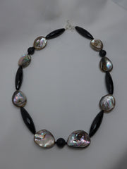 One Strand Faceted Onyx Taupe Tone Mother of Pearl Gemstone Necklace