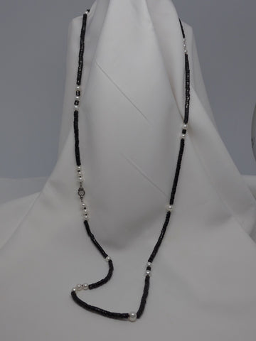 One Strand Faceted Black Spinel, White Cultured Pearls Diamond Clasp Long Gemstone Necklace