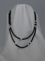 One Strand Faceted Black Spinel, White Cultured Pearls Diamond Clasp Long Gemstone Necklace