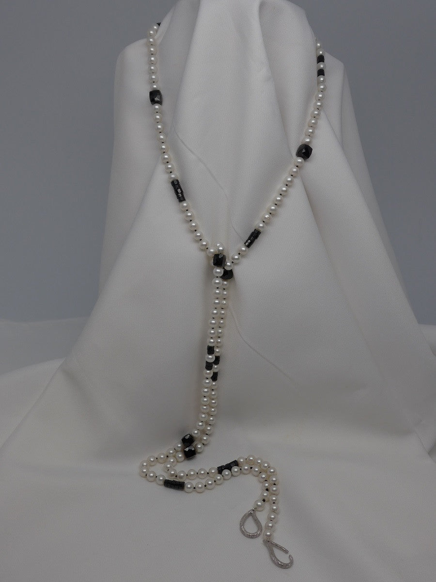 One Strand Almost Round White Cultured Pearls, Black Spinel Long Necklace