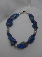One Strand Lapis Lazuli Nuggets Platinum Cultured Pearls Sterling Silver Gemstone Necklace