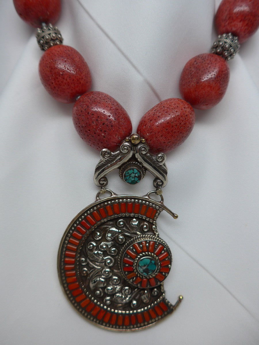 One Strand Fossilized Coral, Sterling Silver, Turquoise Gemstone Necklace