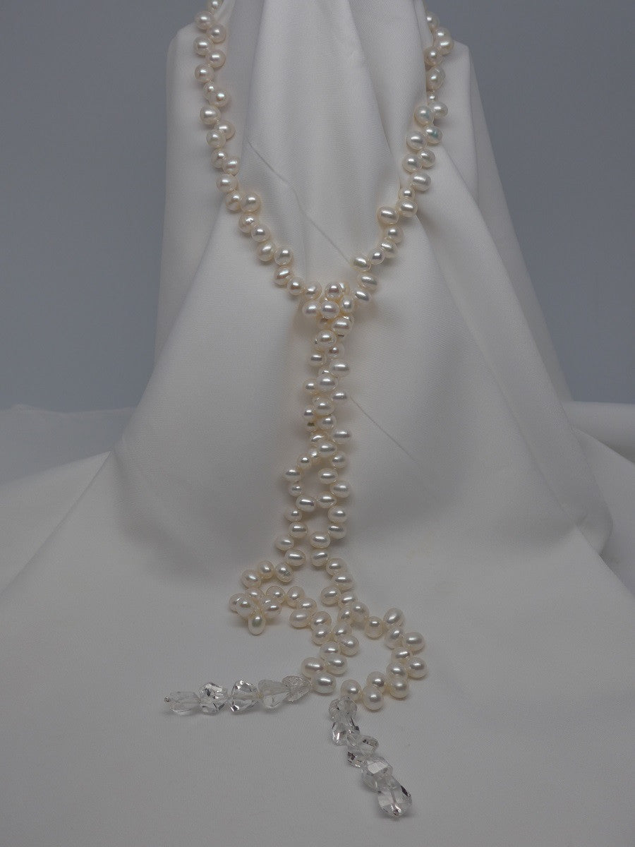One Strand White Cultured Drop Pearl, Rock Crystal Lariat Necklace