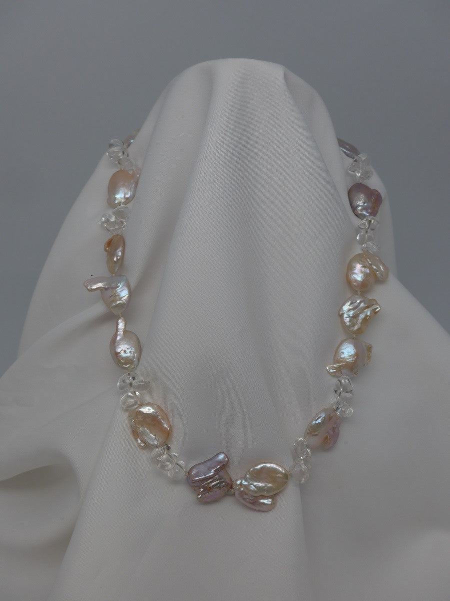 One Strand Natural Keshi Cultured Pearls Rock Crystal Gemstone Necklace