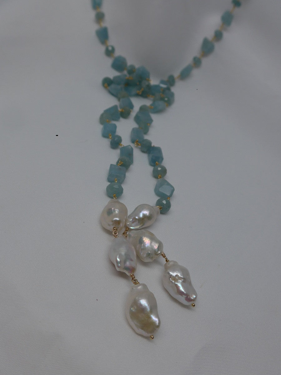One Strand Aquamarine Nuggets White Baroque Cultured Pearls Gemstone Lariat Necklace