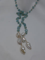 One Strand Aquamarine Nuggets White Baroque Cultured Pearls Gemstone Lariat Necklace
