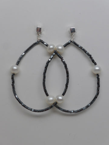 Sterling Silver Square Post Hematite White Cultured Pearls Earrings