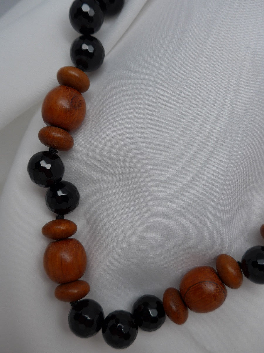 One Strand Mahogany Wood Faceted Onyx Necklace