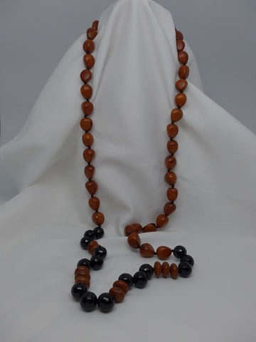 One Long Strand Mahogany Wood Faceted Onyx Necklace