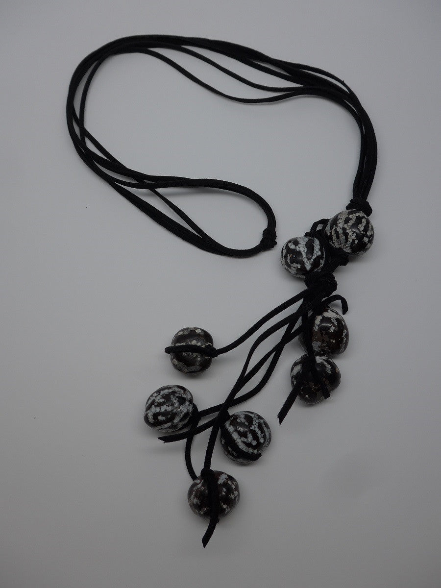 Three Strand Black Suede Lariat Finished with Sibuki Black & White Seeds  Necklace