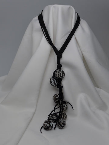 Three Strand Black Suede Lariat Finished with Sibuki Black & White Seeds  Necklace