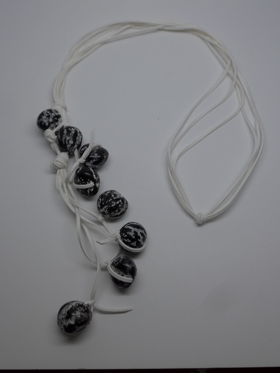 Three Strand White Suede Finished with Black & White Sibuki Seeds Lariat Necklace