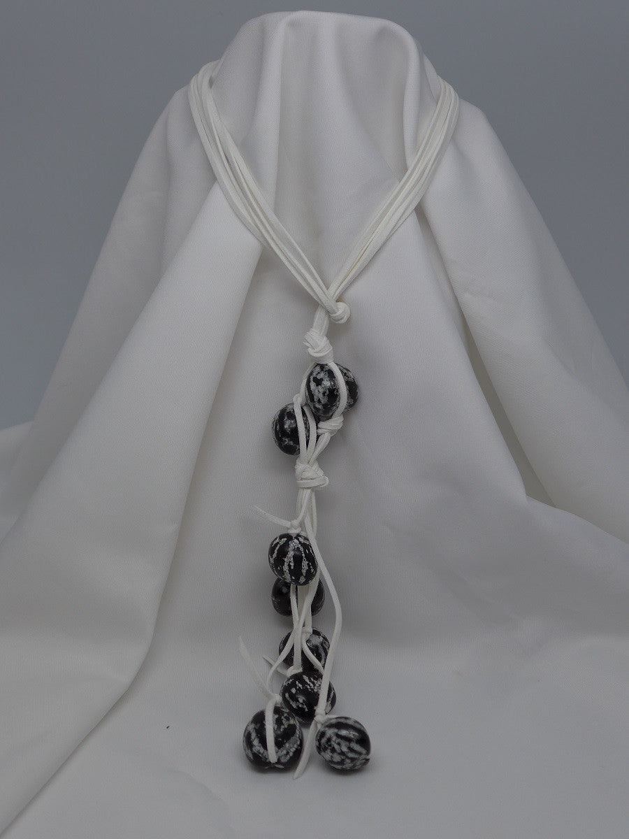 Three Strand White Suede Finished with Black & White Sibuki Seeds Lariat Necklace