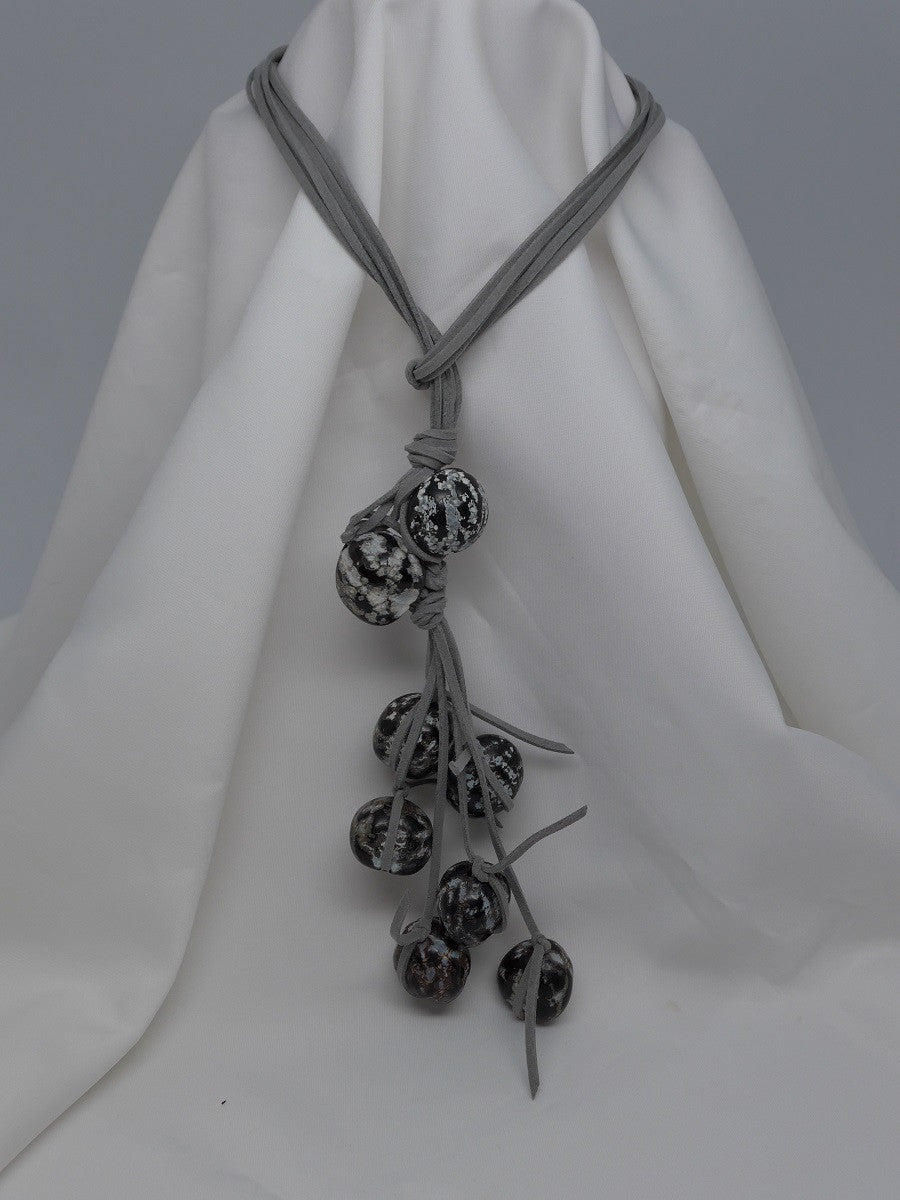 Three Strand Grey  Suede Finished with Black & White Sibuki Seeds Lariat Necklace