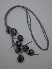 Three Strand Grey  Suede Finished with Black & White Sibuki Seeds Lariat Necklace