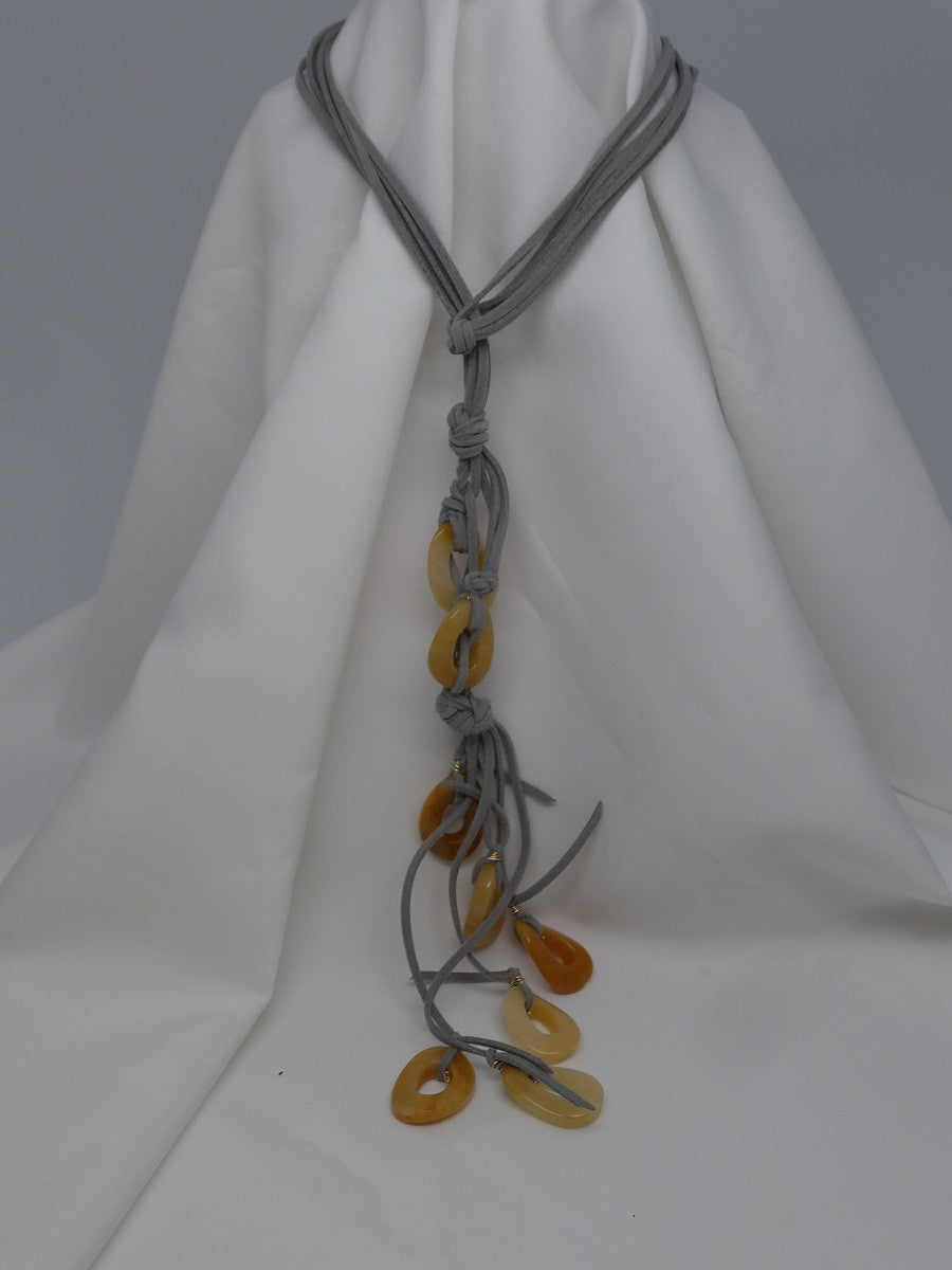 Three Strand Grey Suede Finshed with Yellow Jade Oval Doughnuts Lariat Necklace