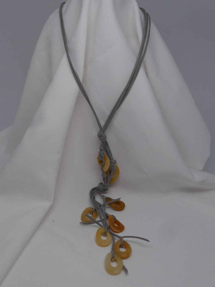 Three Strand Grey Suede Finshed with Yellow Jade Oval Doughnuts Lariat Necklace