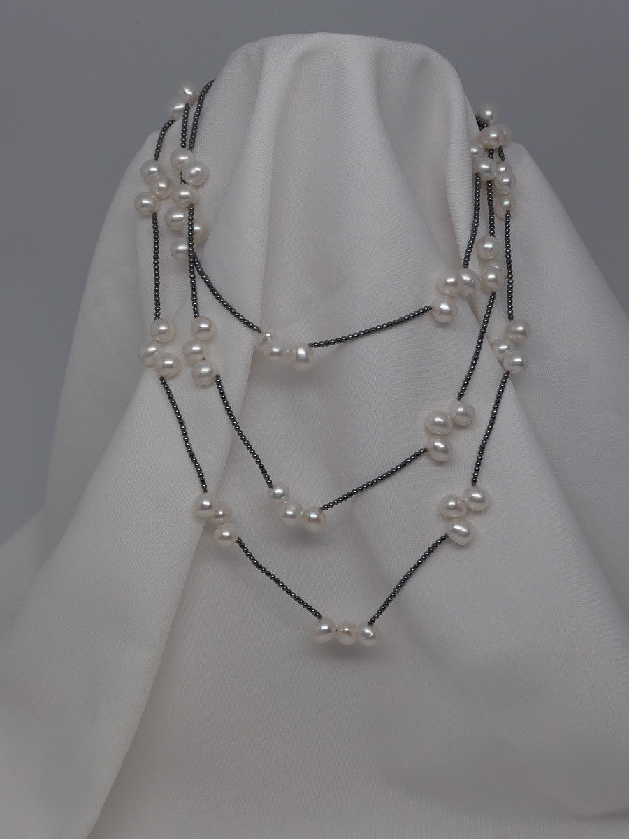 One Strand White Cultured Pearl and Hematite Lariat Necklace (Six in One Necklace)