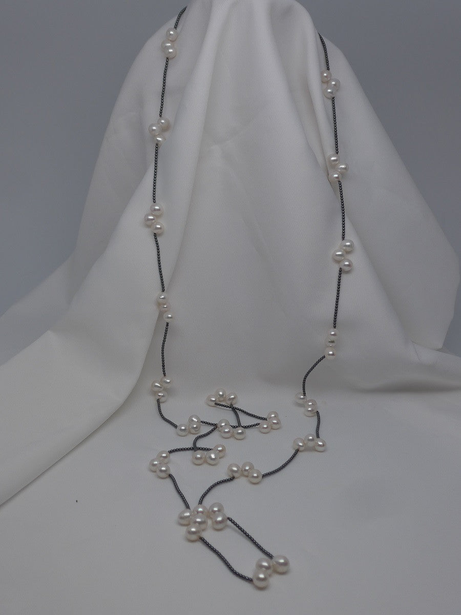 One Strand White Cultured Pearl and Hematite Lariat Necklace (Six in One Necklace)
