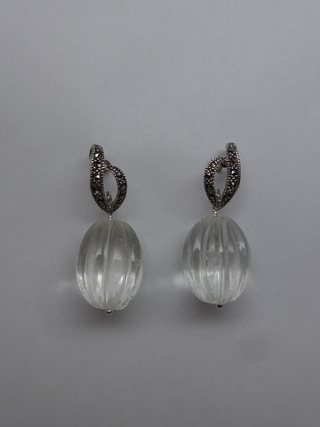 Sterling Silver Marcasite Post Carved Rock Crystal Gemstone Earrings