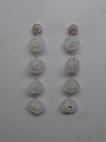 Sterling Silver Cubic Zirconia Post Solar Burst Agate (White) Gemstone Earrings